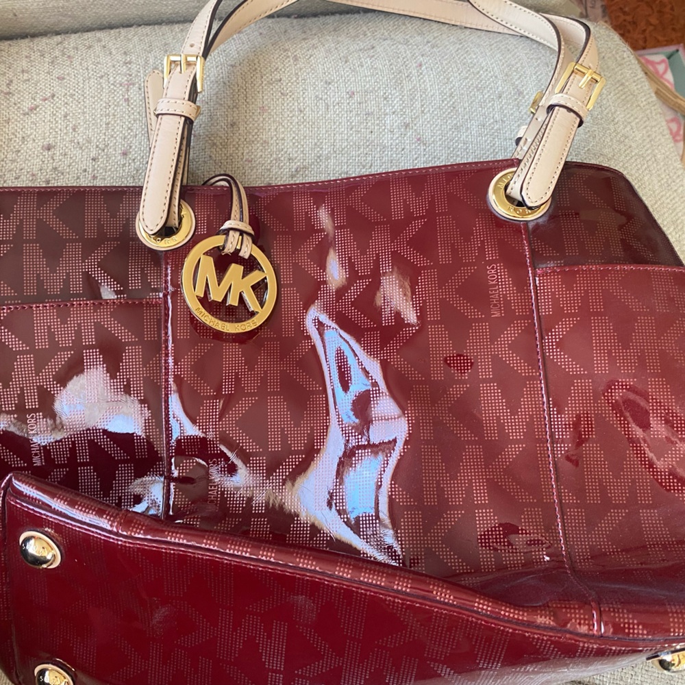 Michael Kors Burgundy Tote with Beige Handles